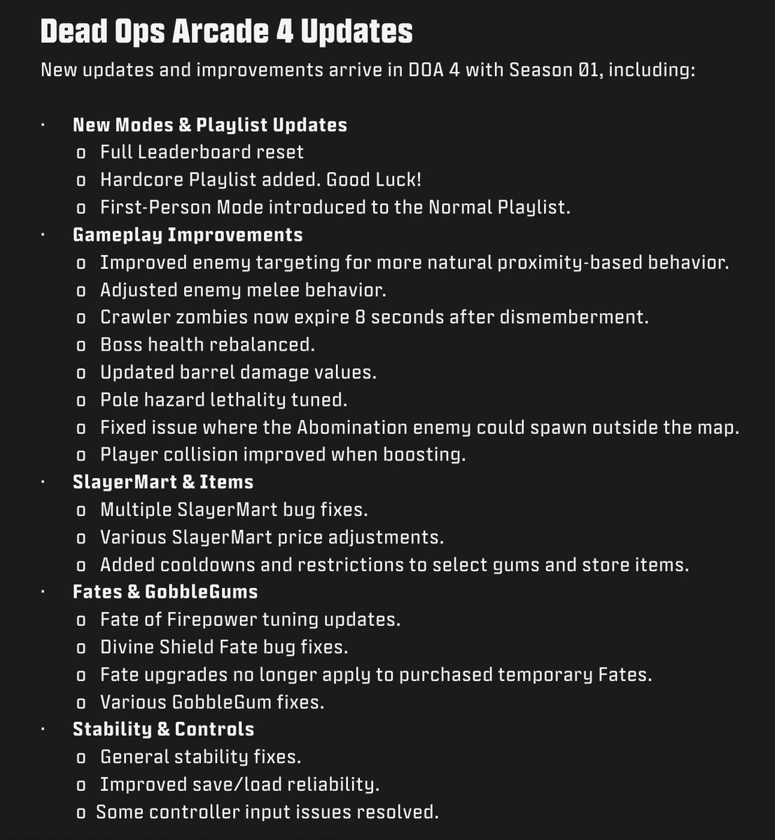 DOA4 Updates for Season 1 (Dec. 4) include:
- Hardcore Playlist added
- FPS Playlist for Normal added
- Adjusted enemy melee behavior
- New GobbleGum (Elemental Exposure): For the next 10 minutes, you are invulnerable to all hazards. Not effective in the Boss arena.