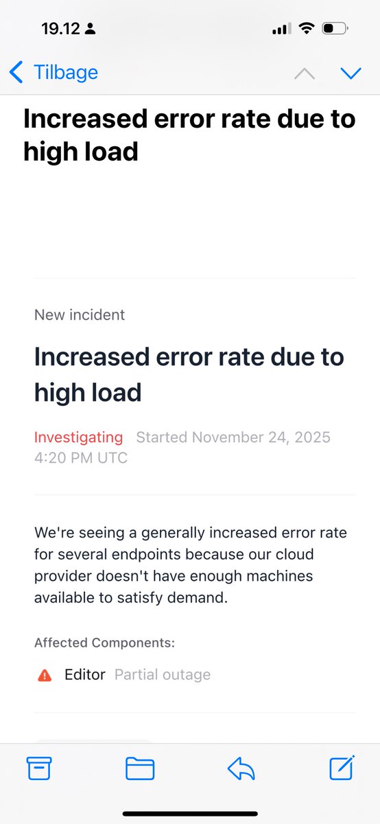 Alligevel en vild melding fra Loveable (Vibe Coding) ! 

Deres hoster har ikke server kapacitet nok, til efterspørgslen lige p.t.. 

Mener de hoster hos AWS. 

#loveable #vibecoding #mitlivsomvibecoder