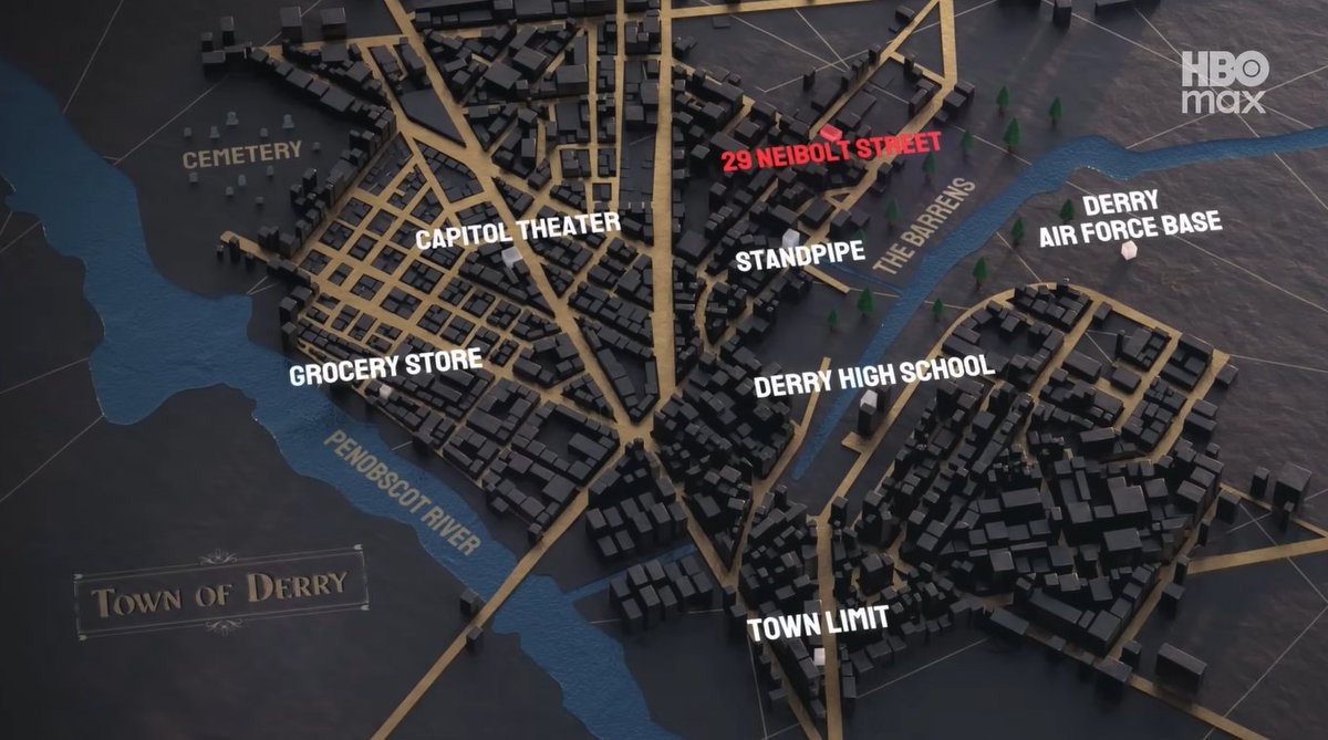 BDisgusting's tweet image. HBO Max has shared the official TOWN OF DERRY MAP from IT: WELCOME TO DERRY. 🎈