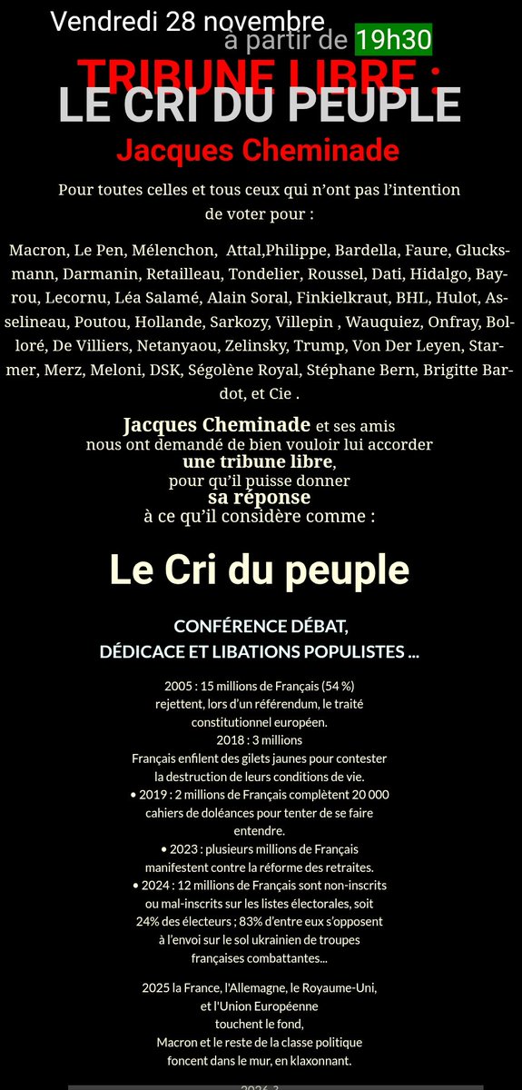Ce vendredi à 19h30 rendez-vous à la librairie Tropiques pour une rencontre-dédicace avec Jacques Cheminade. 63 Rue Raymond Losserand 56 et, 75014 Paris :)

Pour tous ceux qui en ont ras le bol de la macronie et des fausses oppositions 👌