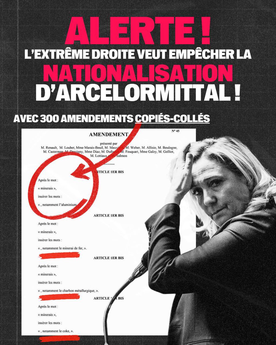 MathildePanot's tweet image. Alerte ! 

Par le dépôt massif de près de 300 amendements, l’extrême droite de Marine Le Pen veut nous empêcher de voter ce jeudi la nationalisation d’Arcelor Mittal.

Le RN : éternel ennemi des travailleurs !