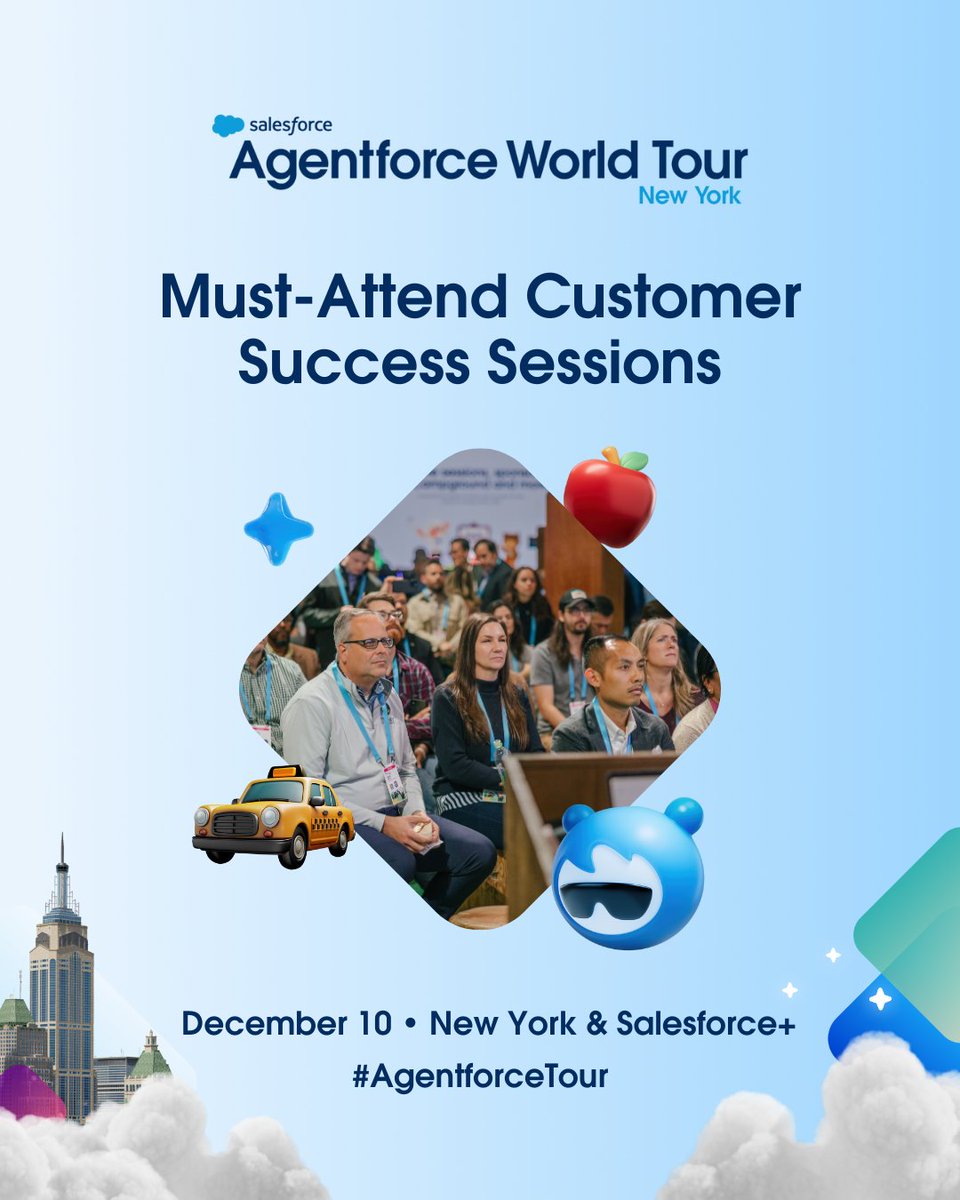 asksalesforce's tweet image. Attending World Tour NYC? 🍎

Join one of our sessions to turn your AI vision into real business impact. Our experts will share how to build your AI strategy, prepare for an Agentforce deployment, and more. 

Favorite these sessions: sforce.co/3KeDp2L
