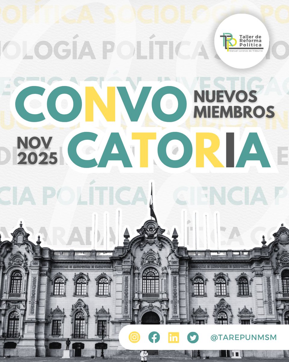 TAREPUNMSM's tweet photo. 📢Abrimos Convocatoria: Noviembre 2025✨

¿Desearías conocer más sobre el impacto de las economías ilegales en la democracia y el Estado? 
¡Forma parte de la familia TAREP! 💚💛

🔗Formulario de inscripción: https://t.co/wRfueA1d6B https://t.co/JlUhStZkOP