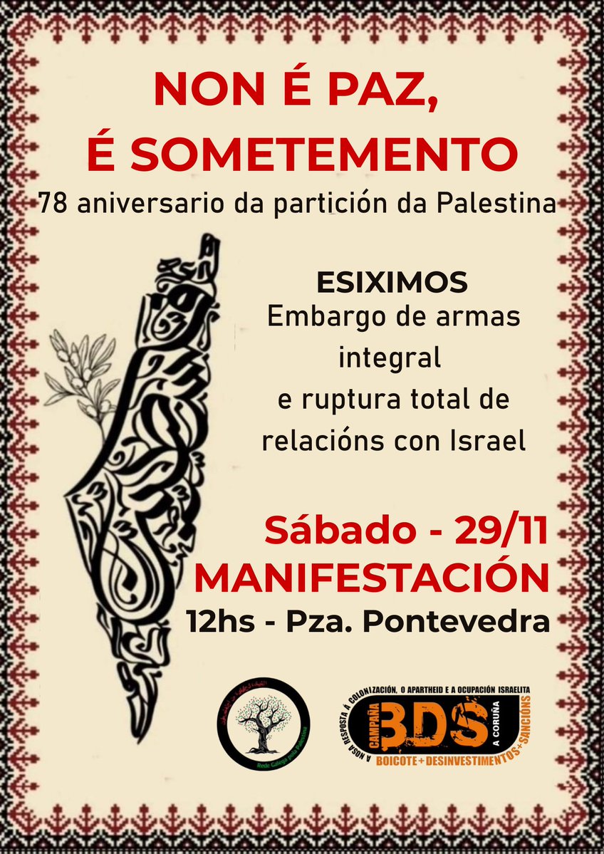CGTACoruna's tweet image. O sábado 29, Día de Solidariedade co Pobo Palestino, estaremos ás 12:00 h na praza de Pontevedra para denunciar o plan colonial de Trump e Netanyahu. Israel segue asasinando e matando de fame aos palestinos e palestinas coa complicidade da UE e de EEUU.