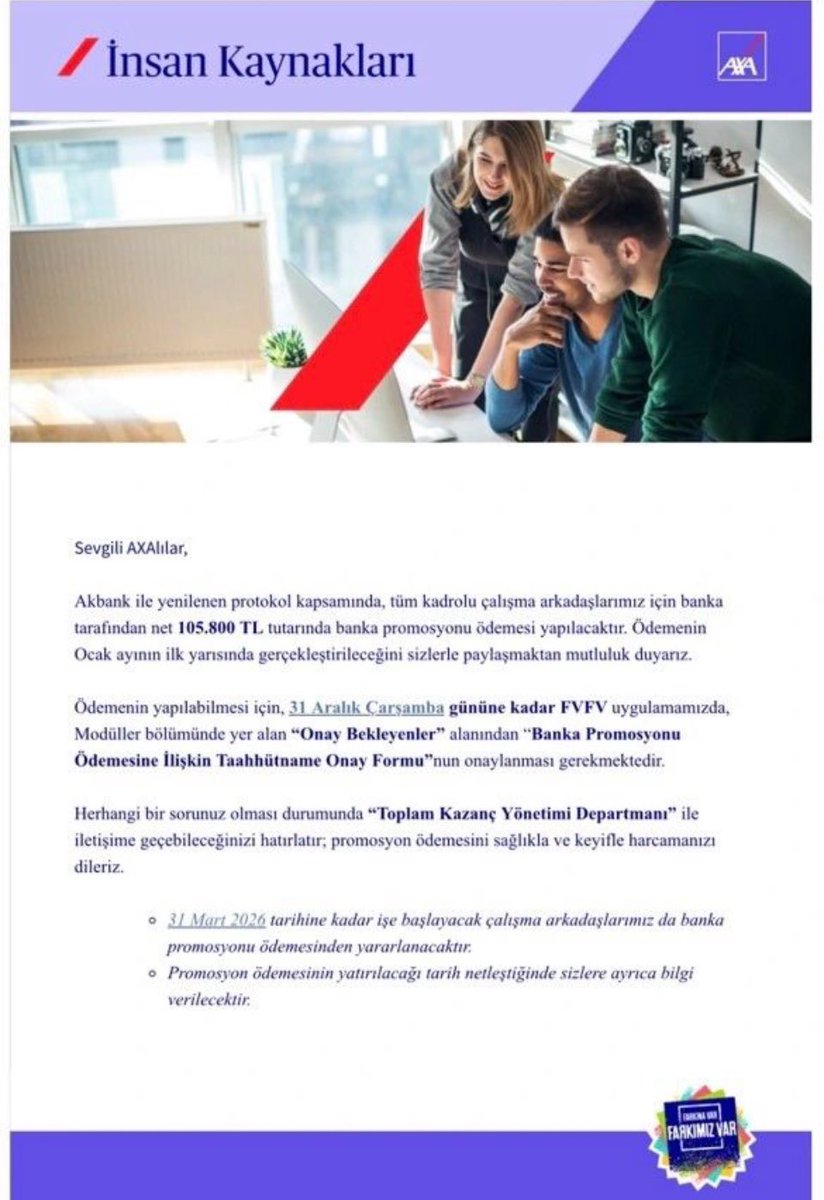 RotamizFinans's tweet photo. AXA Türkiye, Akbank ile yapılan anlaşma sonucu çalışanlarına 105.800 TL banka promosyonu ödemesi yapılacağını duyurdu.
Gayet güzel rakam,bankacılara da bi şekilde gelmeli artık. Adı farklı şekilde de olur :) 

#promosyon #banka https://t.co/OjQcZYYfeG