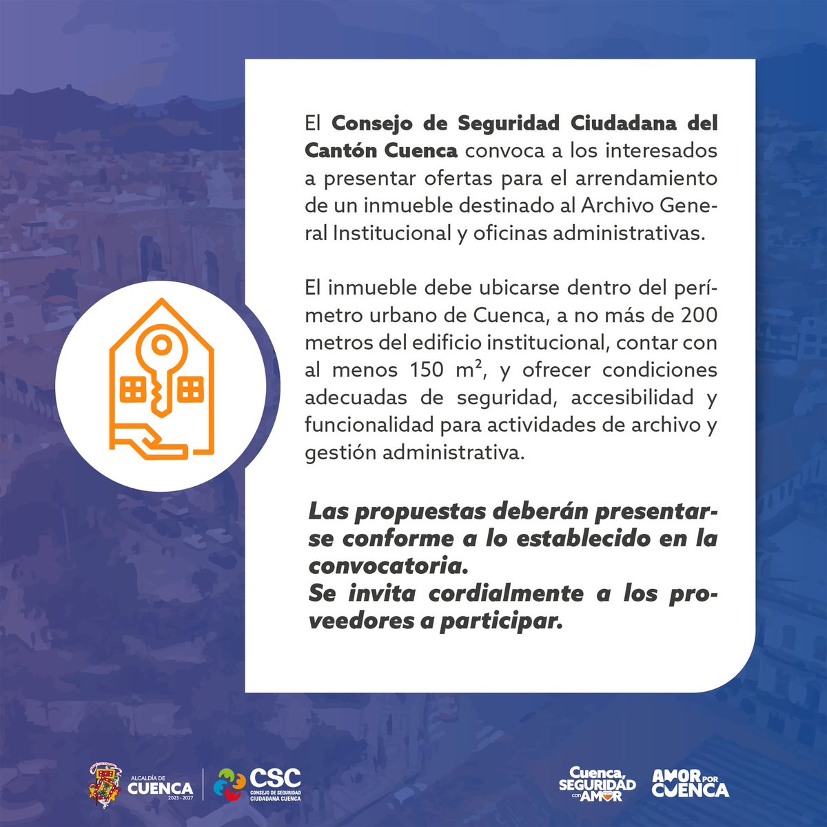 CSC_CUENCA's tweet image. 🏢 Convocatoria de arrendamiento
Se reciben propuestas para el arriendo de un inmueble apto para actividades administrativas y de archivo.

📄 Las ofertas deberán presentarse según la convocatoria oficial.

🤝 Invitamos a los proveedores a participar.