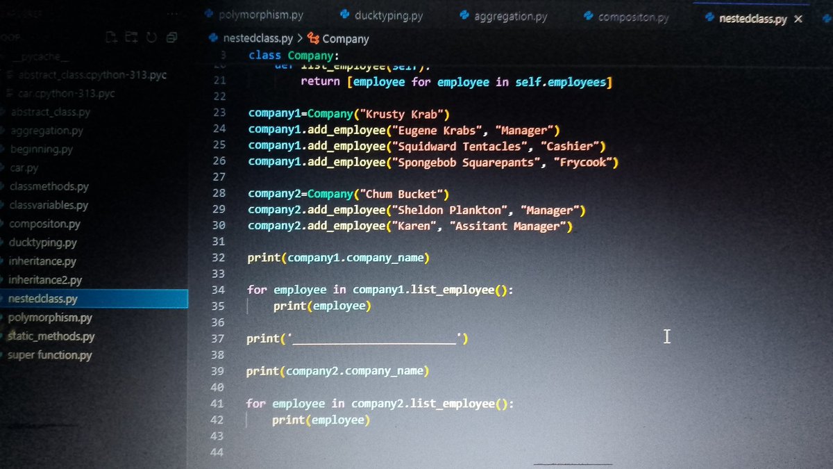 TheLazyCompiler's tweet image. Progress on OOP
Studied Nested classes and extended towards static methods and class methods. 
My journey to become that Backend dev. Continues.. and Hopefully God sees me through

#pythonlearningjourney #objectorientedprogramming  #pythonclass
