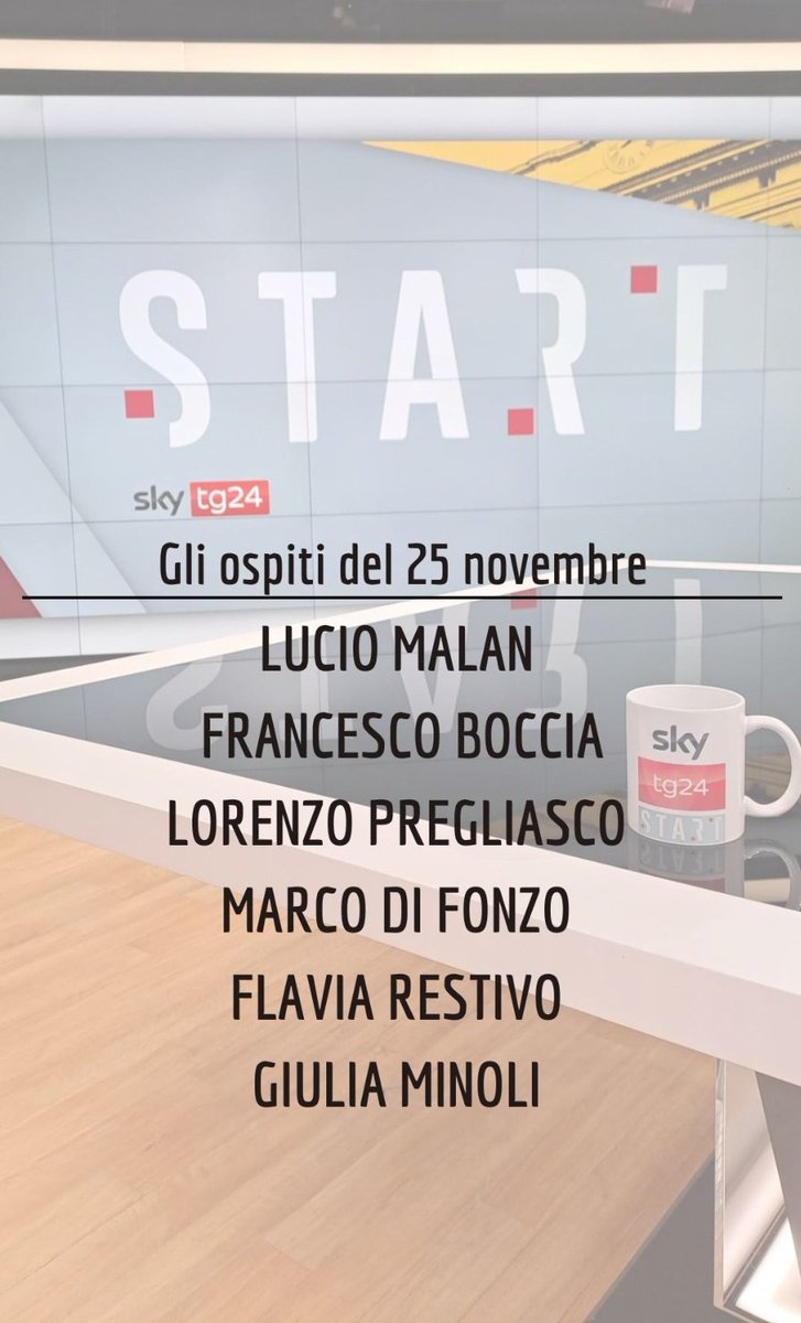Domani a #Start saremo con <a href="/LucioMalan/">Lucio Malan</a>, Francesco Boccia <a href="/SenatoriPD/">Senatori Pd</a>, <a href="/lorepregliasco/">Lorenzo Pregliasco</a>, <a href="/marcodifonzo/">Marco Di Fonzo 🇪🇺</a>, Flavia Restivo e Giulia Minoli #unanessunacentomila.
Come sempre dalle 9:30 su <a href="/SkyTG24/">Sky tg24</a>. Vi aspetto!