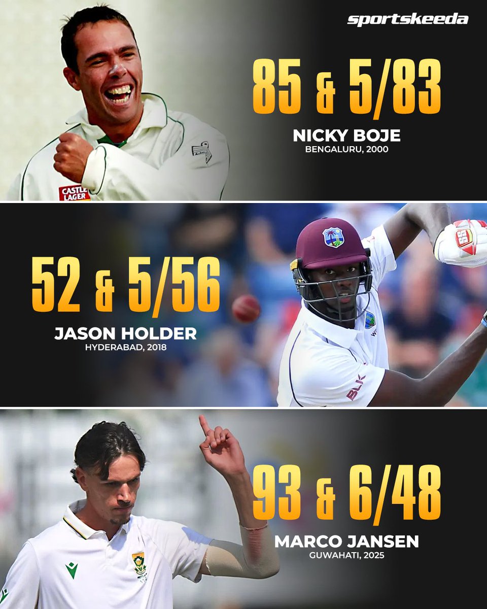 Sportskeeda's tweet image. Marco Jansen becomes the third visiting player to achieve a double of a five-wicket haul and a 50+ score in a Test in India since 2000. 🇿🇦🤝

#INDvSA #Tests #Sportskeeda