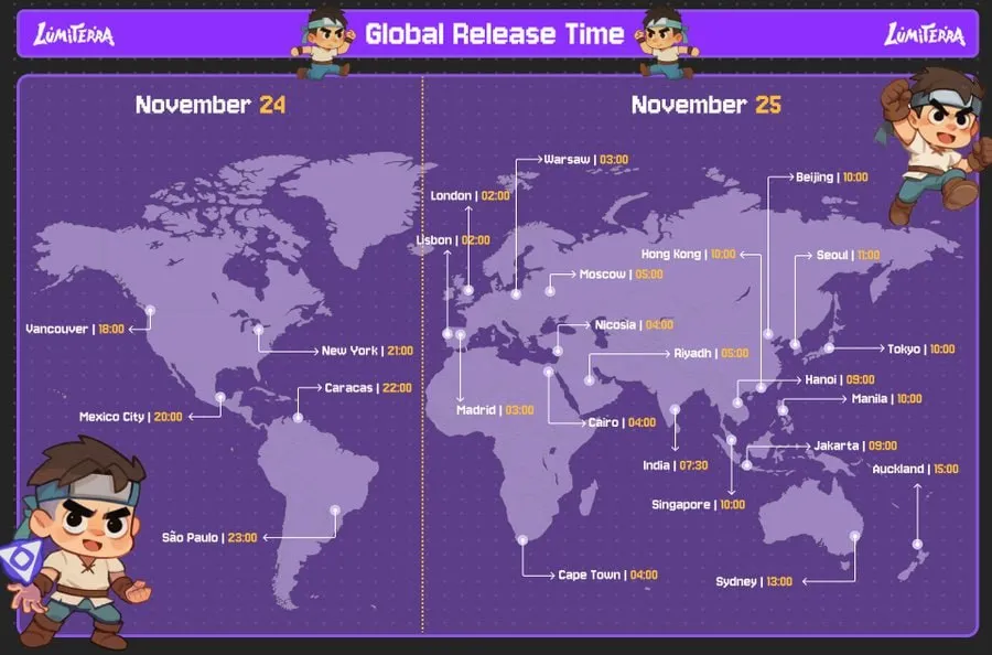 GLOBAL RELEASE TIME 🌏

Check what time the <a href="/LumiterraGame/">Lumiterra (mainnet arc)</a> servers open in your region:

Vancouver: 18:00 Nov 24
New York: 21:00 Nov 24
Mexico City: 20:00 Nov 24
Caracas: 22:00 Nov 24
London: 02:00 Nov 25
Lisbon: 02:00 Nov 25
Sao Paulo: 23:00 Nov 24
Madrid: 03:00 Nov 25
Warsaw: