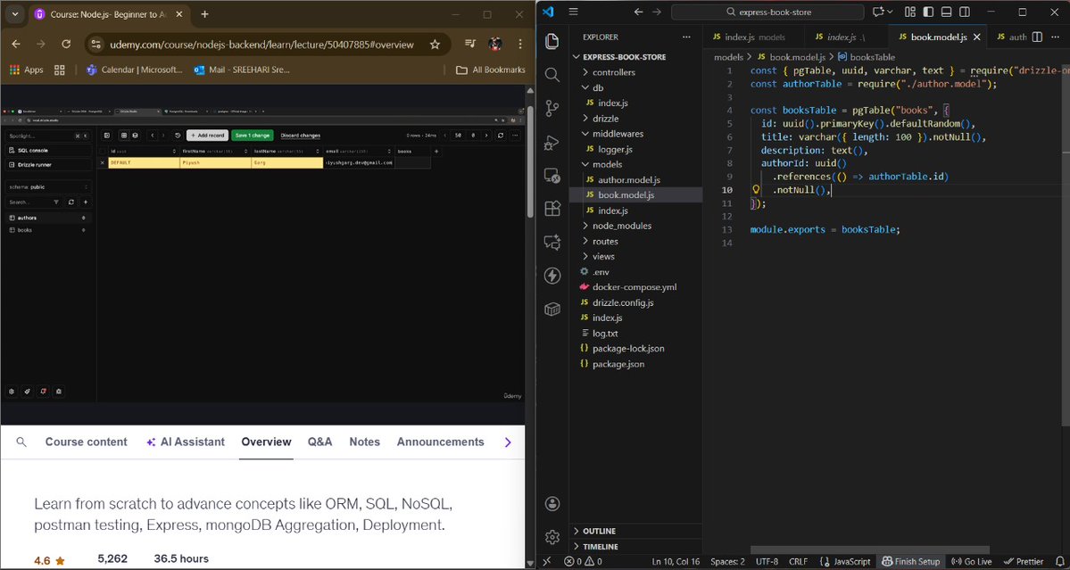s_dhanush11's tweet image. #Day5 of learning Backend Database
1️⃣ I couldn&apos;t resolve the previous error.
2️⃣ I had understood how Drizzle-Kit and Drizzle-ORM work with Postgres and Docker.
3️⃣ Implemented those concepts in Express Book Store
#BackendDevelopment #Postgres #Mongodb #Docker #Database #DrizzleKit