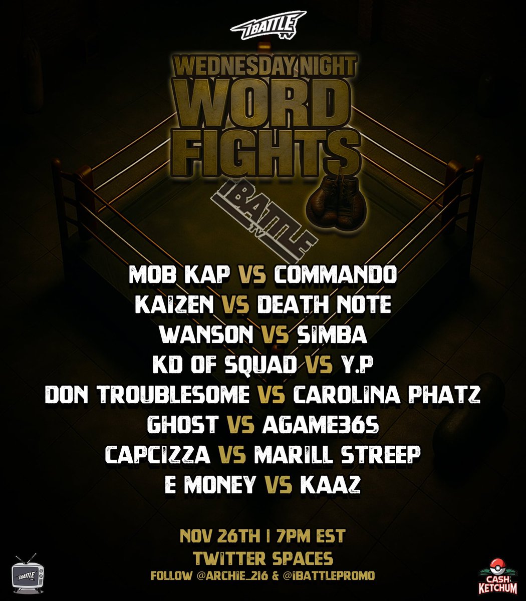 iBattlePromo's tweet image. UPDATE -

This week will be our first Wednesday Night Word Fights. 

On #WNWF all battles are JUDGED! Battlers will receive FEEDBACK &amp;amp; records will be kept.

Best of luck to the competitors &amp;amp; we’ll be announcing next weeks card during the event at half time!!