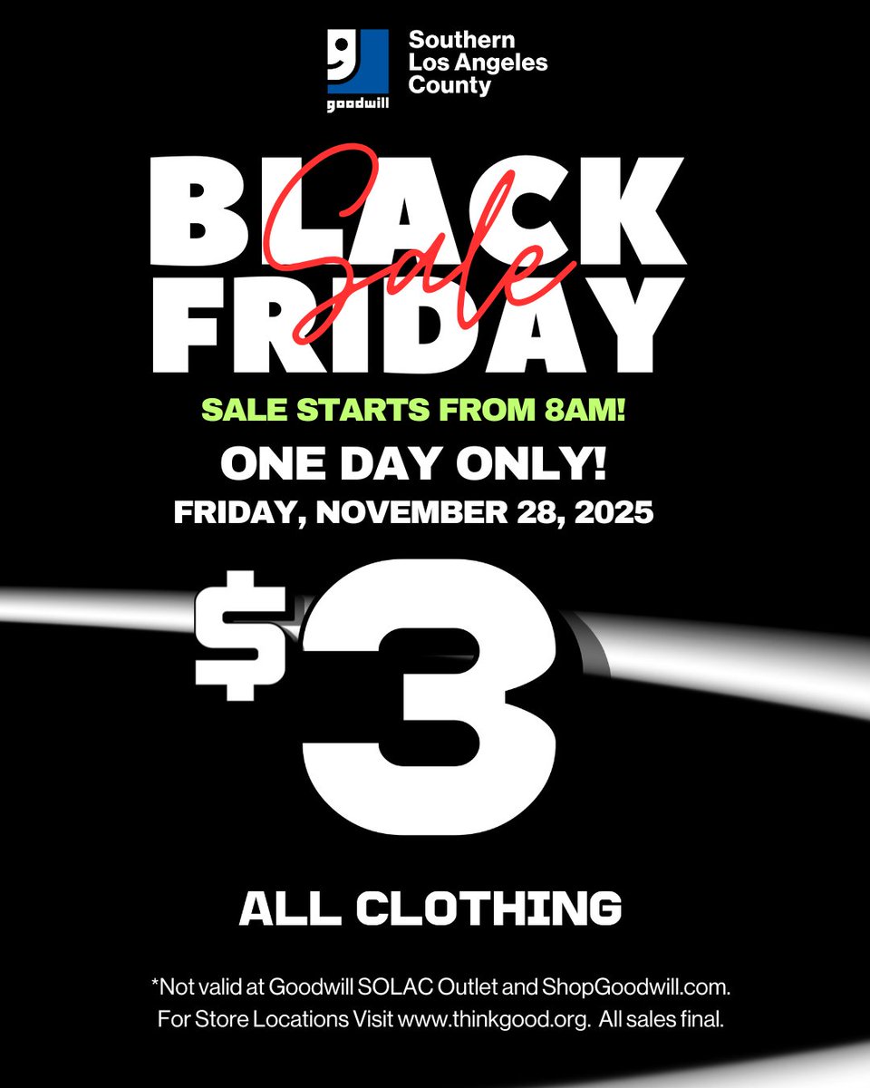 ThinkGoodwill's tweet image. This Friday, doors open early at 8 AM! Shop our $3 Clothing Sale—all clothing is just $3 each! 🛍️

Every purchase helps support our free career centers and low-cost job training programs, empowering individuals in your community. 🙌

thinkgood.org