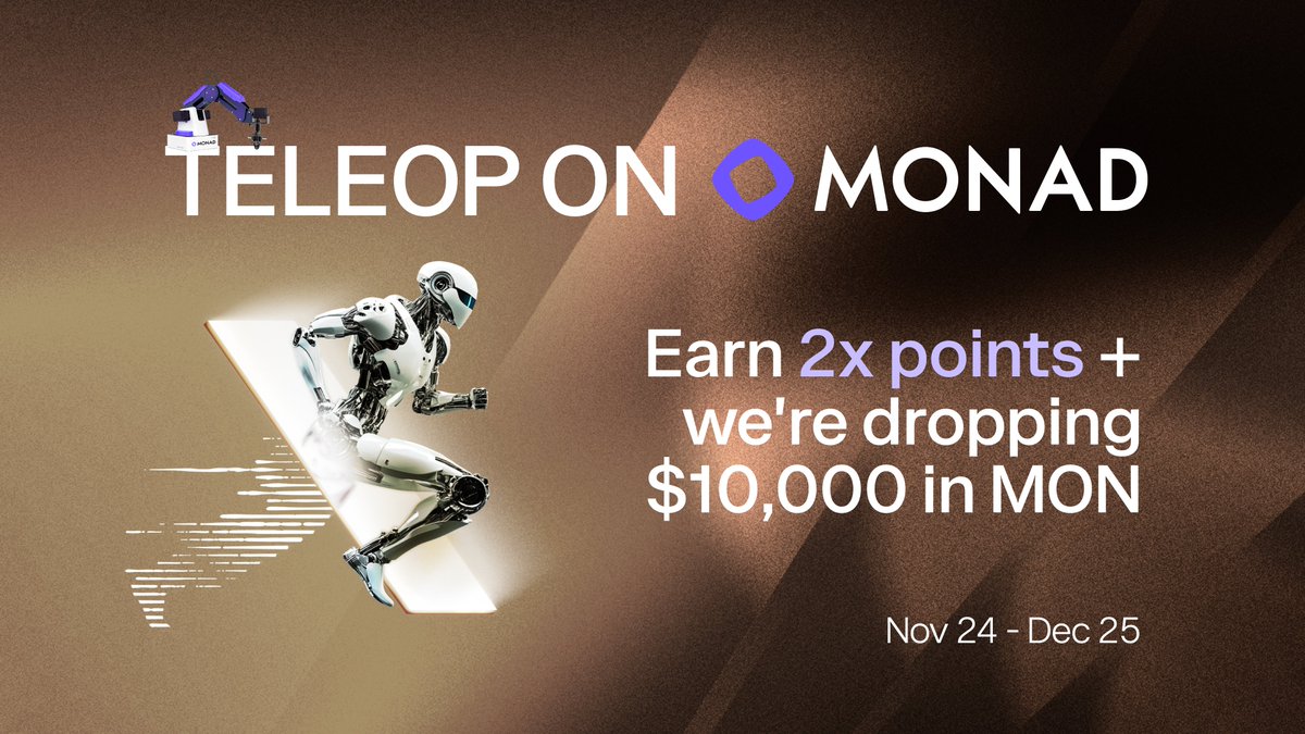 PrismaXai's tweet image. PrismaX now supports Monad.

Starting today, teleoperating on @monad earns 2x Prisma points. Plus, we&apos;re dropping $10,000 USD in MON for the Teleop Leaderboard.

More chains. More ways to teleop. More to explore.