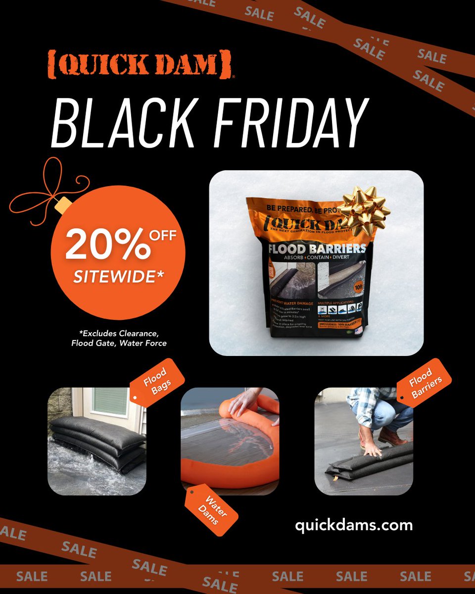 QUICKDAM's tweet image. Black Friday savings start now!

That's right, flood protection fans, enjoy 20% off sitewide, plus 10% off Water Force and Flood Gate.

- Sale ends 12/5
- Free shipping $150+
- Excludes Clearance items

Stock up on peace of mind at hubs.la/Q03VGWsB0

#QuickDam #BlackFriday