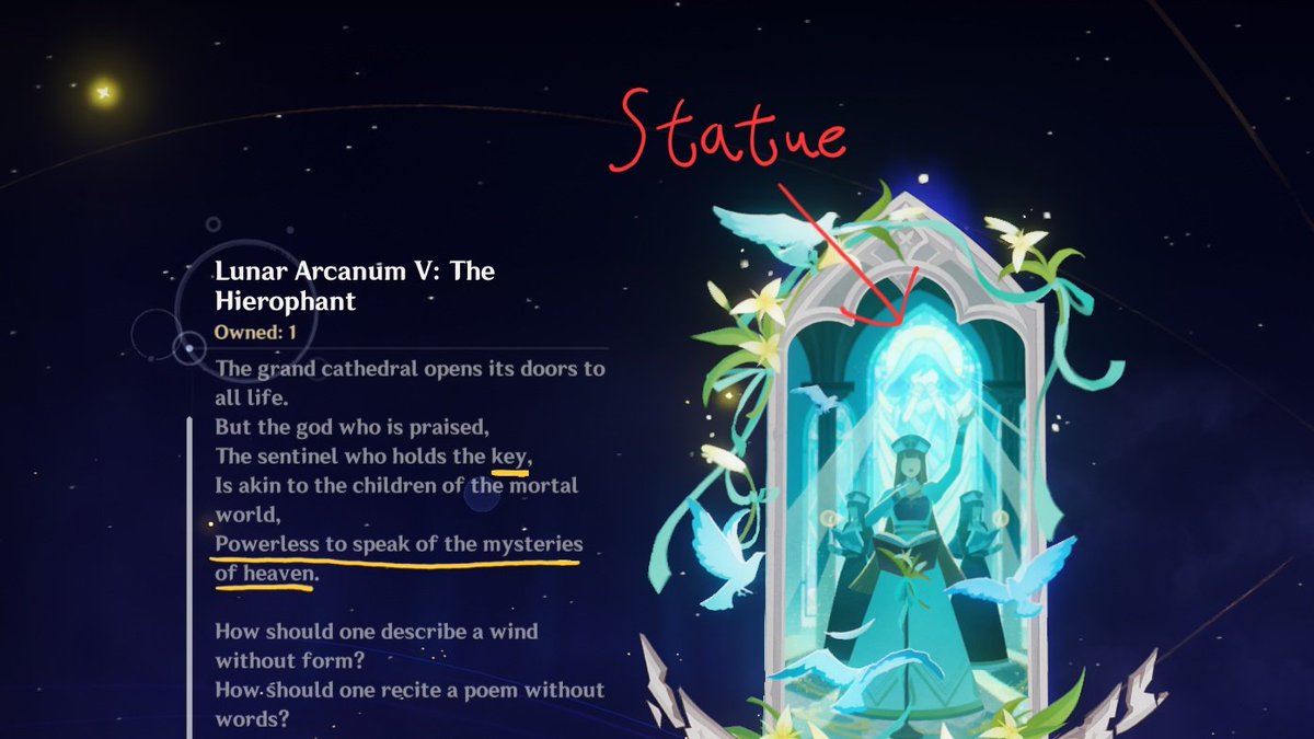 flanring0's tweet image. Could it be a &quot;key&quot; of some sort? [Khaenri&apos;ah] The Anemo Wind Symbol looks similar to the statue— which is also present in the Lunar Arcanum V card where a &quot;key&quot; is mentioned. A connection between Celestia, Khaenri&apos;ah and Venti is established...