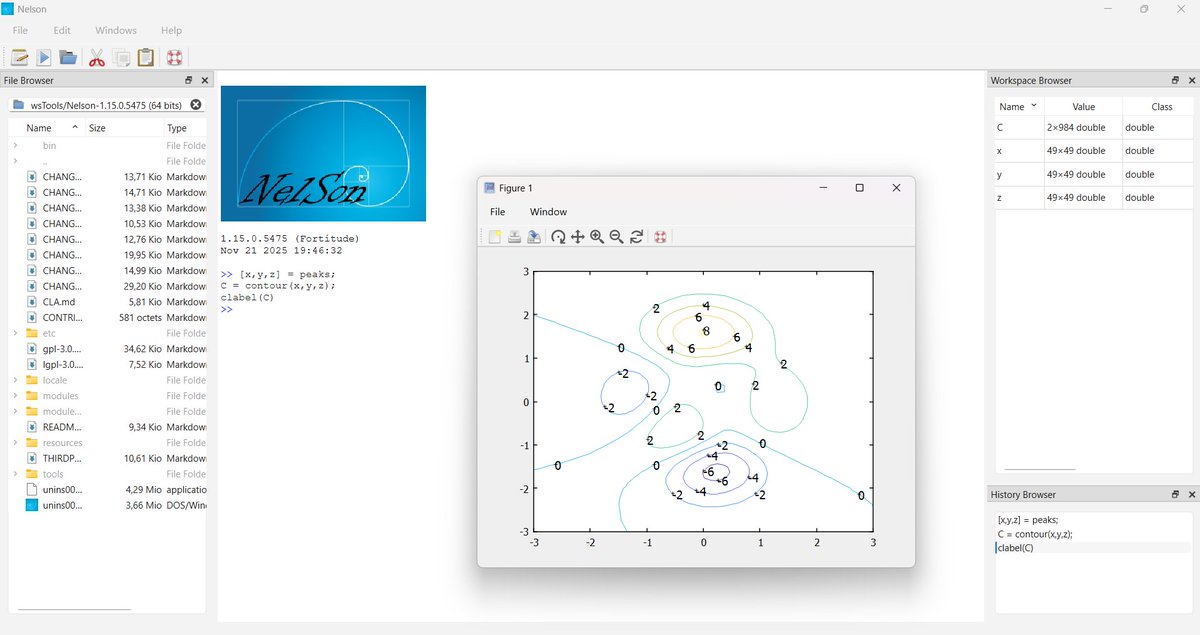 Nelson_software's tweet image. 🚀 Nelson 1.15.0 adds clabel - label contour elevations directly on contour plots.
#stem #OpenSource #Software #Engineering #HPC #DataScience #DataAnalysis #programming #scientific #coding #OSS #Numerical #Computation #ImageProcessing #GNUoctave #scilab #Matlab #NelsonLang