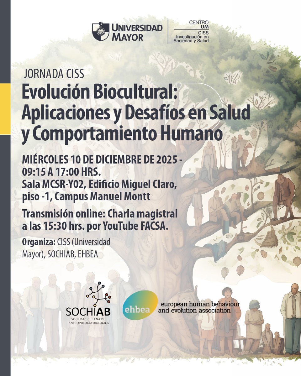 CISSumayor's tweet image. Acompáñanos al workshop &quot;Evolución Biocultural: Aplicaciones y Desafíos en Salud y Comportamiento Humano&quot; este 10 de diciembre desde las 9h en Campus Manuel Montt UM. Gratis! 💸

✏️inscripciones:
forms.office.com/Pages/DesignPa…

🗒️programa:
docs.google.com/document/d/19u…