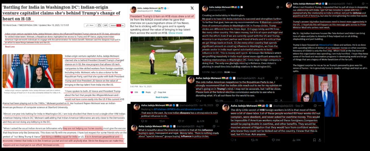 amandalouise416's tweet image. Asha is suddenly trying to rewrite her role in the H-1B debate. But that doesn&apos;t change her public record: 

She told the Times of India that she convinced President Trump to change his stance on H-1B and posted that she personally spoke with Trump and JD Vance about the visa…