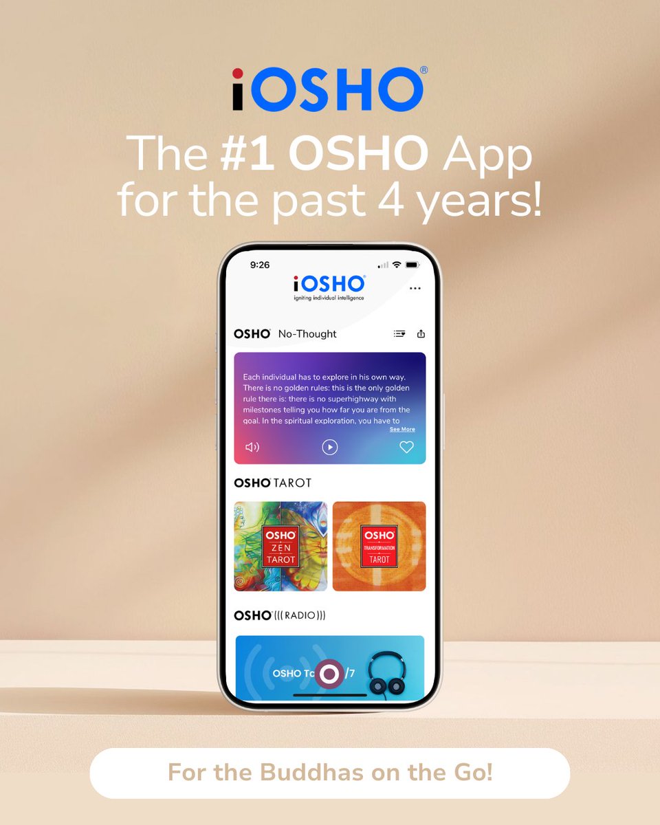OSHO's tweet photo. The iOsho App - The most popular OSHO App – 4 years and counting! For the Buddhas on the Go! ✨ https://t.co/JrBhEZT3Jy

- OSHO Radio
- OSHO TV
- OSHO No-Thought
- OSHO Tarots
- iMeditate

#iOshoApp #OSHO #Meditation #Mindfulness #osholovers #OshoWisdom #MeditationMadeEasy https://t.co/27oQN516jI