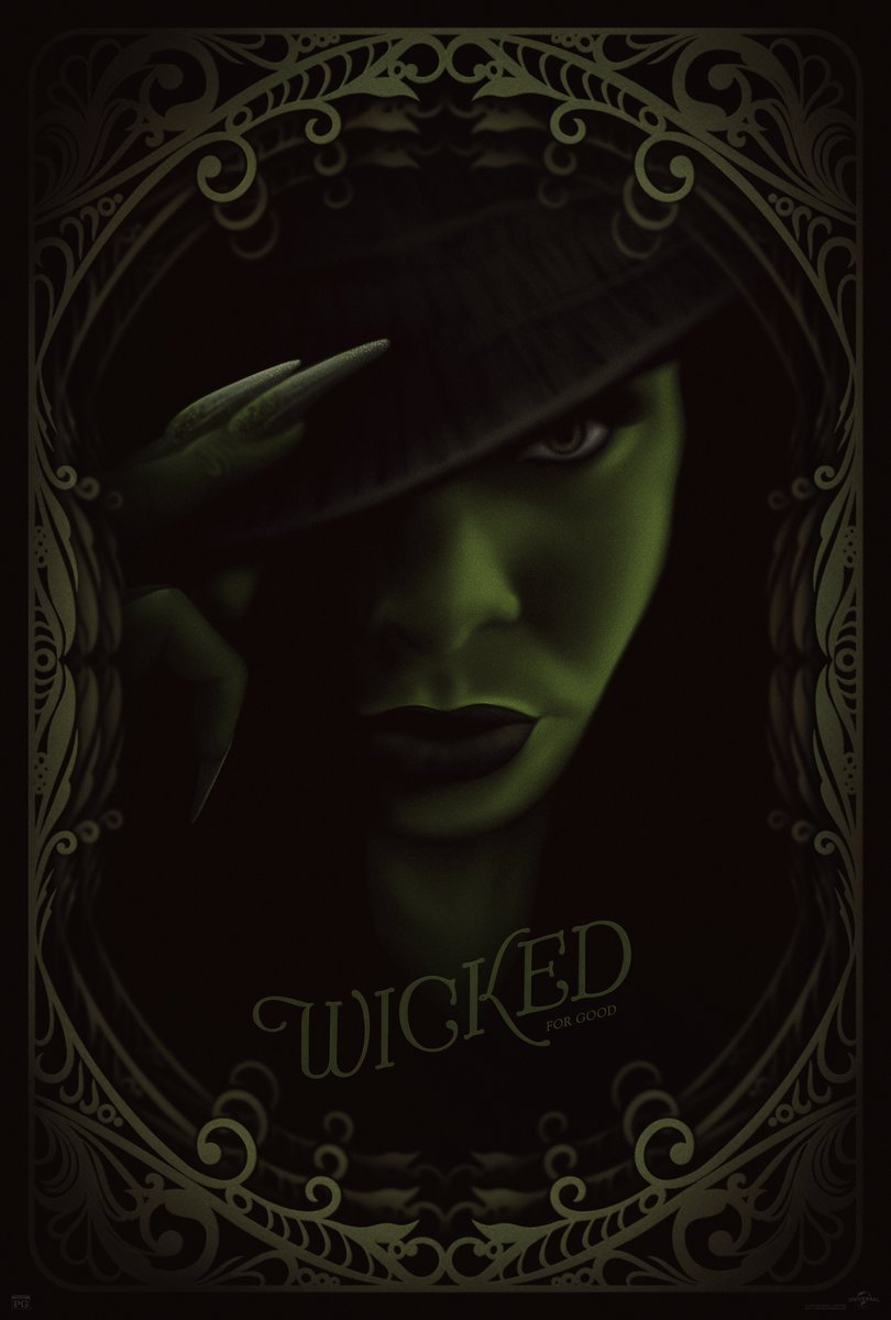 iamjusticegage's tweet photo. Its no surprise I am infatuated with Wicked &amp; Oz… In fact, I believe I was the first to do alt posters with Cynthia &amp; Ari when they were announced, so I had to bring it full circle for For Good with fully illustrated posters. 

Border illustration: @InsCreativeTtl 

@wickedmovie https://t.co/WPwDyoFHdn