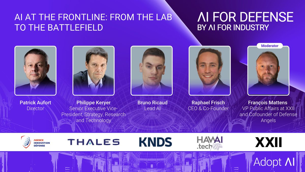 Agence_ID's tweet image. Le directeur de l’Agence, Patrick Aufort, participera à la table ronde : “AI at the frontline : from the lab to the battlefield”, aux côtés de Philippe Keryer, Bruno RICAUD et Raphael Frisch, PhD, sous la modération de François M. dans le cadre du sommet #AdoptAI au Grand Palais.…