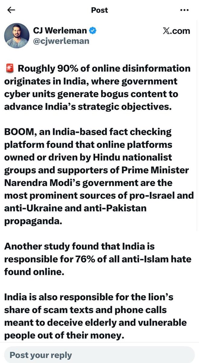 انڈیا کی ڈس انفارمیشن لیب پہلے یورپ میں پکڑی گئ تھی بہت بڑا نیٹ ورک تھا پندرہ سال یورپی یونین کے ساتھ فراڈ کرتے رہے اب پھر امریکی صحافی لکھ رہے دنیا بھر میں ہونے والا 90فیصد فیک نیوز کا دھندا انڈین کا ہے مسلمانوں کے خلاف نفرت پھیلانے والا ستر فیصد مواد انڈیا پھیلاتا اسرائیل کے حق