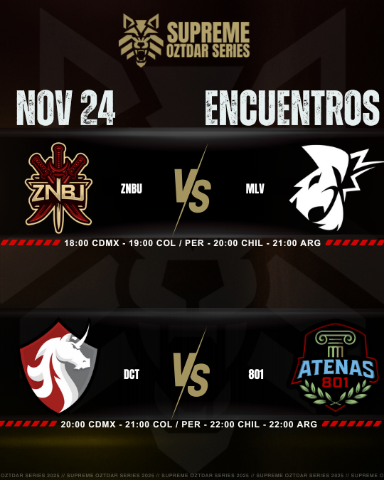 oztdaresports's tweet image. 🛑   FECHA 2 – Supreme Oztdar Series League 2025
 DÍA 7 🔥
🔸 18:00 PM (CDMX)
ZNBU vs MLV
🔸 20:00 PM (CDMX)
DCT vs 801
🎤 Casters: Los extraterrestres.👽
@randomelgamer · @criscaster_ 
 
 Transmisión simultanea por nuestros canales 

📺🔴 youtube.com/@oztdaresports…