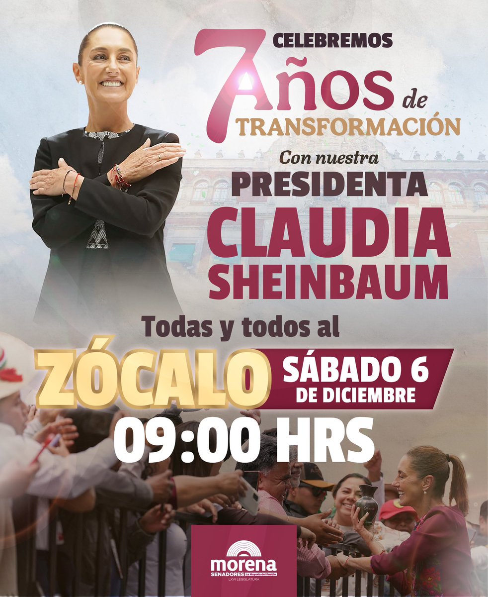 Una vez más, el corazón de nuestro movimiento se desbordará de alegría y esperanza.

Junto a nuestra presidenta <a href="/Claudiashein/">Claudia Sheinbaum Pardo</a>, la Mayoría del Pueblo en el Senado celebraremos 7 años de la transformación de México, y que juntos, seguimos haciendo historia.

¡Este 6 de diciembre