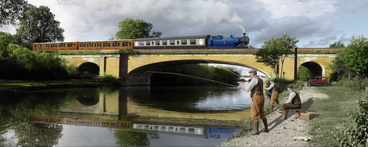 RhysPage98's tweet image. This is my composition Bridge over the River Els, inspired by one of my favourite illustrations from The Railway Series. North Western Region No. 1 is seen crossing the Els River with the midday service to Ffarquhar, featuring a special coach added to the usual passenger rake
