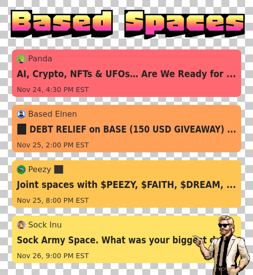 BitHomepage's tweet image. Hope to see you in these spaces hosted by @PandaPump_ @based_elnen @YoungPeezy_Pepe @Sock_Inu