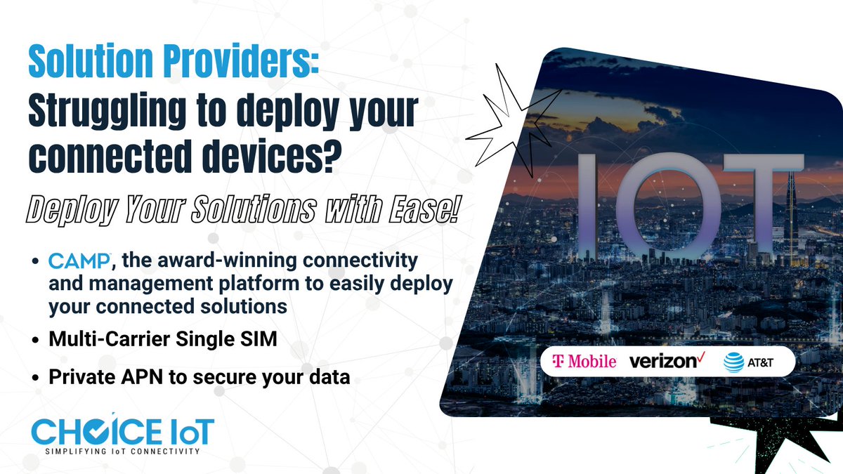 ChoiceIoT's tweet image. Solution Providers: Are you struggling to deploy your connected devices?
Deploy your solutions with ease with @ChoiceIoT&apos;s CAMP.
Learn more at hubs.ly/Q03VDsBx0
#IoT #iotdata #multicarriersim #iotsim #tmobile #verizon #att #choiceiot