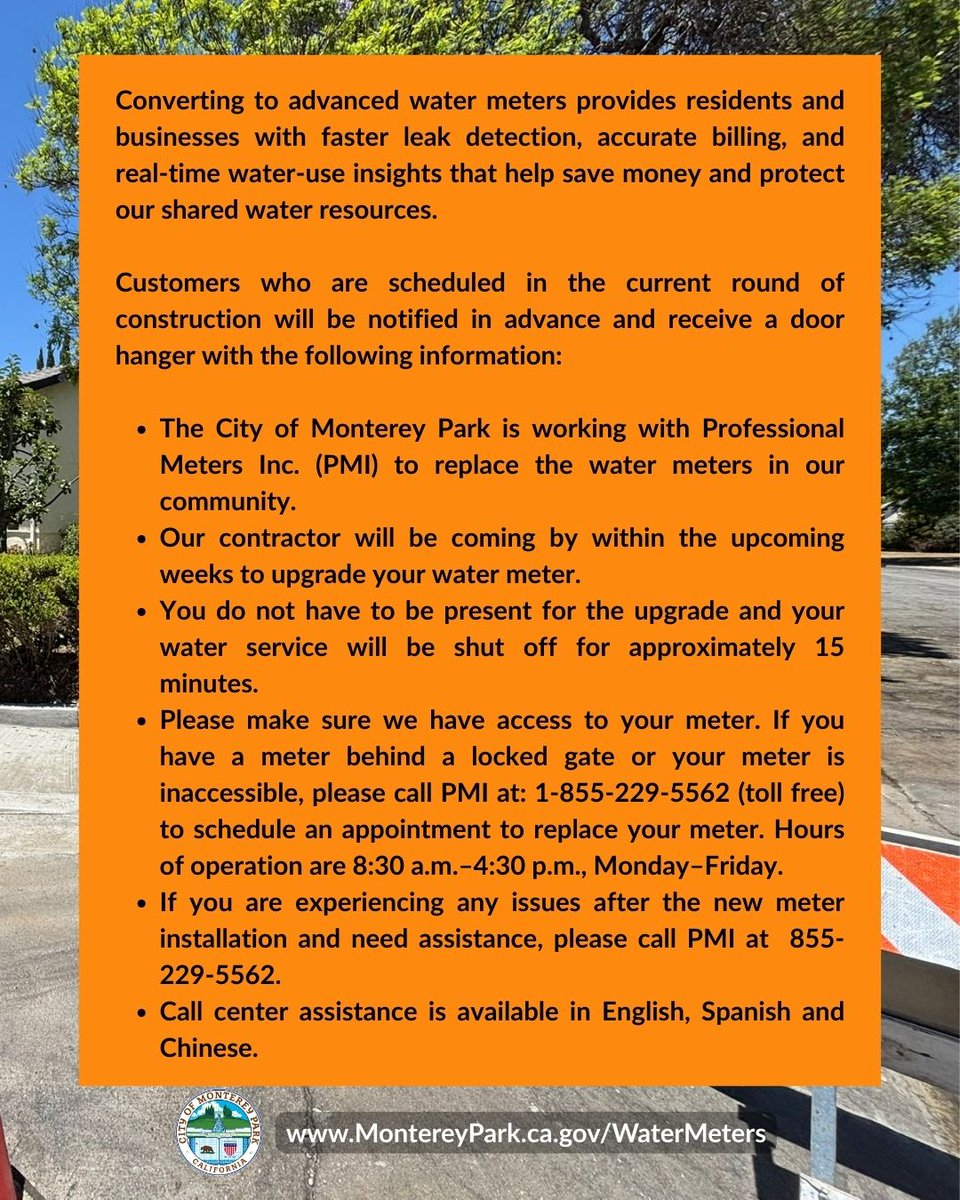 cityofmpk's tweet image. 🚰 Water meter upgrades start Nov 24-26 in Monterey Park! Residents/businesses will get notified. Enjoy benefits like real-time usage insights, leak detection &amp;amp; accurate billing. Please ensure meter access. More info at montereypark.ca.gov/watermeters  #MontereyPark #SmartMeters