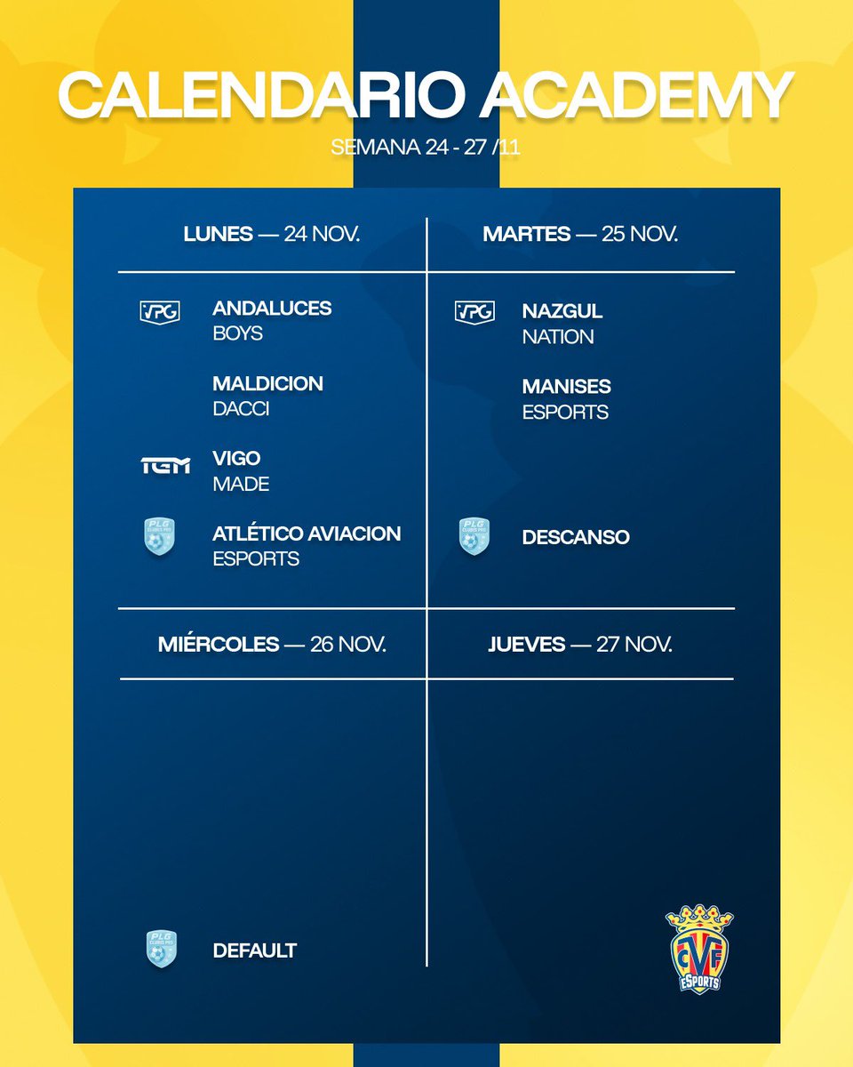 CVFeSports's tweet image. 🗓️ ¡Calendario de la Semana de #ClubesPro! ✨

¡Con ganas de seguir creciendo! 💛

#EndavantGamers #EAFC26