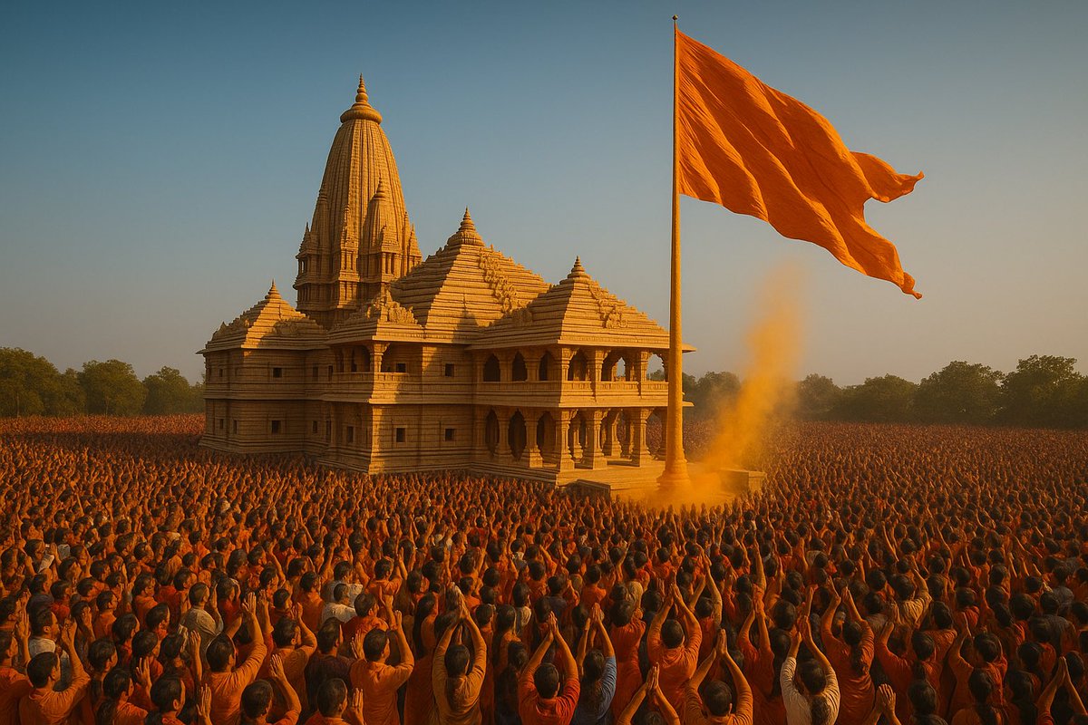ModiKaParivaar_'s tweet image. 🔱 Ayodhya Dharma Dhwaj Arohan

Five centuries of desecration.
Five centuries of courts, cruelty, and deceit.
And yet — the Dharma-Dhwaj rises.

It rises on the ashes of karsevaks who were fired upon,
on the scars of Hindus who were mocked for their faith,
and on the grit of a…