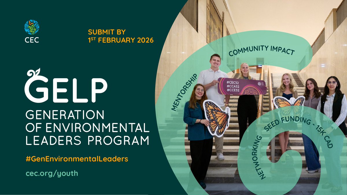 CECweb's tweet image. 📢 The CEC #GELP is NOW open!

🌱 #ActNow to amplify the impact of your solutions in your community &amp;amp; help preserve our shared waters, lands &amp;amp; air

Join the info session 📌11 Dec. 2025 ⏲️1-2 PM ET
#GenEnvironmentalLeaders

👉cec.org/media/got-a-so…