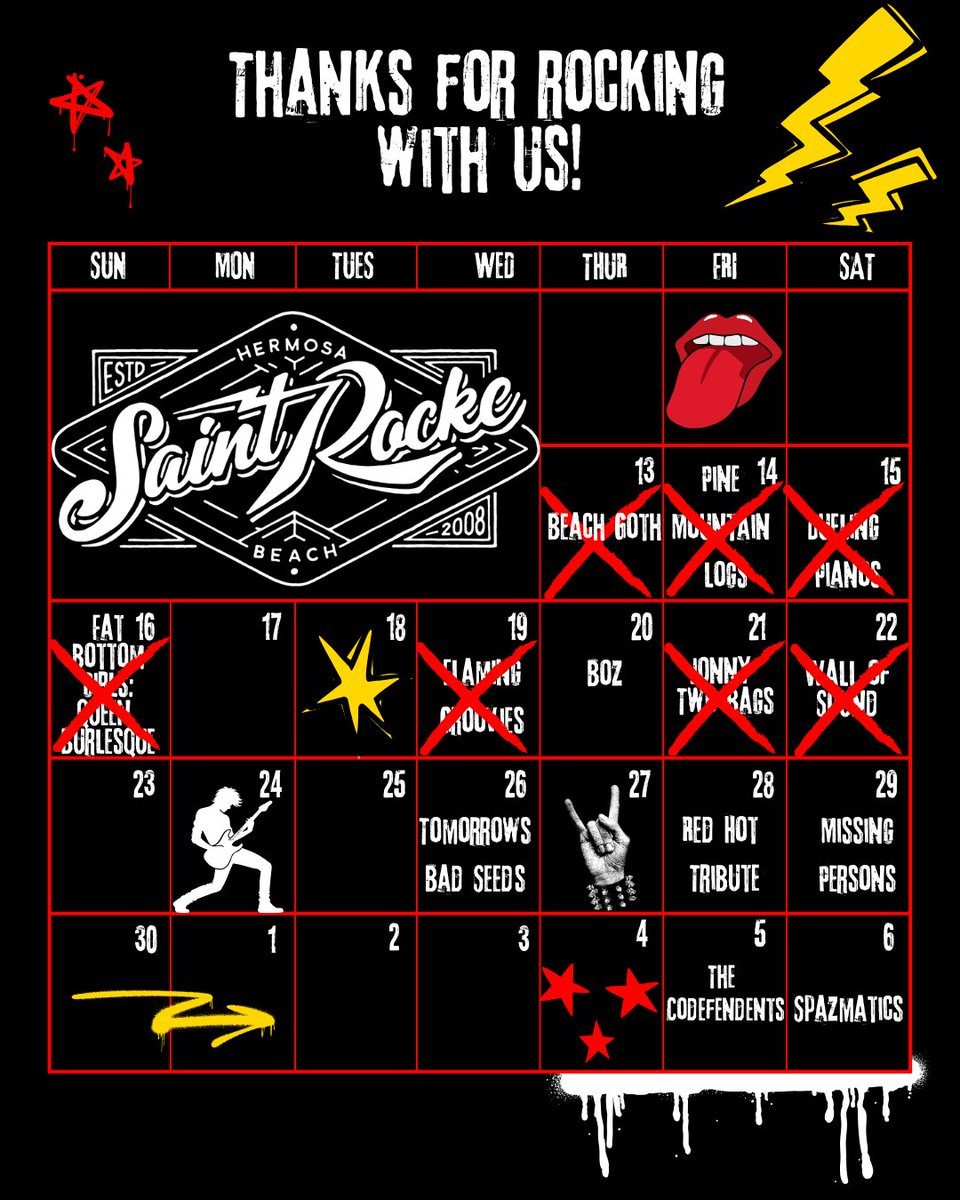 SaintRocke's tweet image. This week at your favorite Hermosa venue!

11/24 | Songwriter Showcase 🎙️
11/26 | Tomorrow’s Bad Seeds w/ MEGG and Capitol Dub 🦃
11/28 | Red Hot Tribute w/ Endless Nameless: Nirvana Tribute 🎸
11/29 | Missing Persons w/ Gene Loves Jezebel ⚡️

Tickets → saintrocke.com