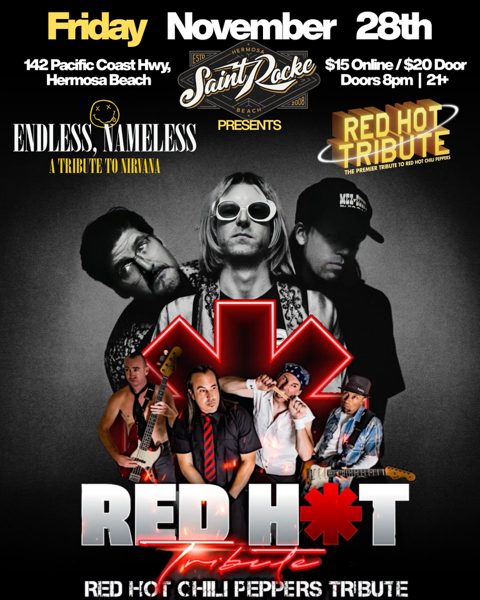 SaintRocke's tweet image. This week at your favorite Hermosa venue!

11/24 | Songwriter Showcase 🎙️
11/26 | Tomorrow’s Bad Seeds w/ MEGG and Capitol Dub 🦃
11/28 | Red Hot Tribute w/ Endless Nameless: Nirvana Tribute 🎸
11/29 | Missing Persons w/ Gene Loves Jezebel ⚡️

Tickets → saintrocke.com