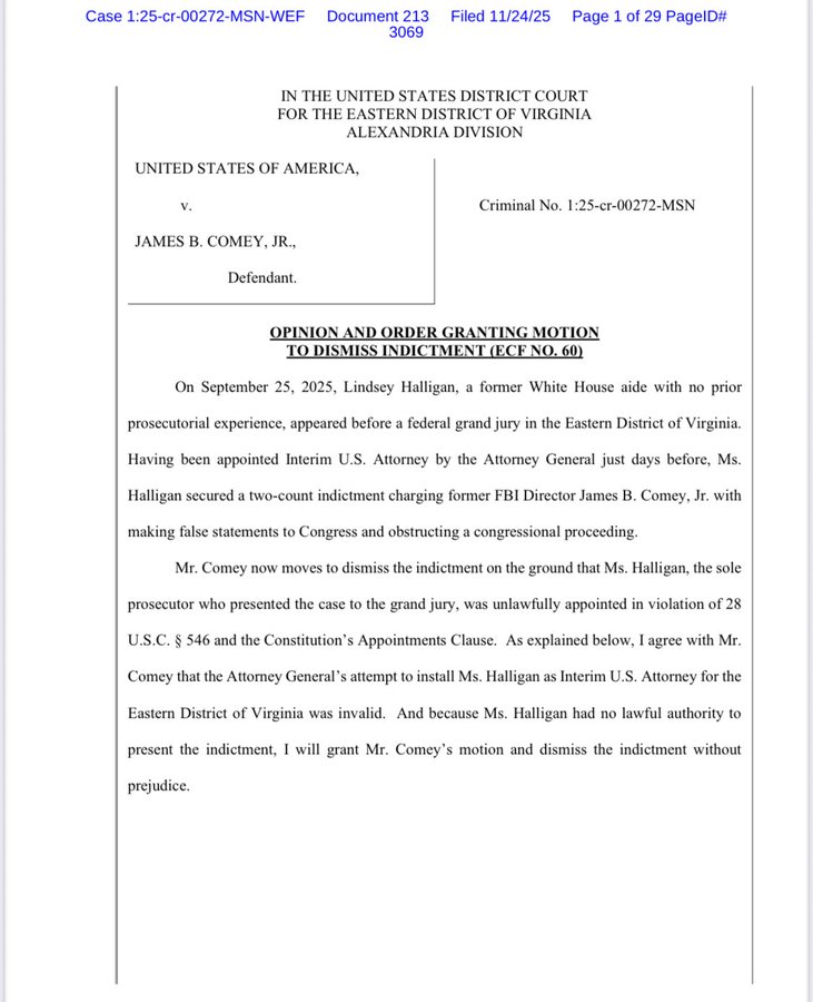 willchamberlain's tweet image. Today, Judge Cameron McGowan Currie dismissed the indictments of James Comey and Letitia James on the grounds that Lindsey Halligan was not properly appointed as US Attorney.

She got it wrong, quite clearly, and will almost certainly be reversed.