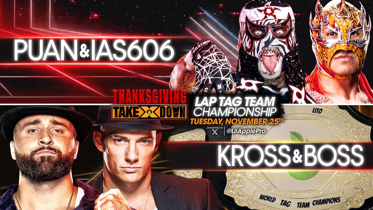 LilLito's tweet photo. Puan is BACK and him and Ias606 look to get the happy ending they didn’t receive at #APPLEMANIA. Will Kross and Boss be able to successfully defend their championships? https://t.co/OuQJIhFQFa