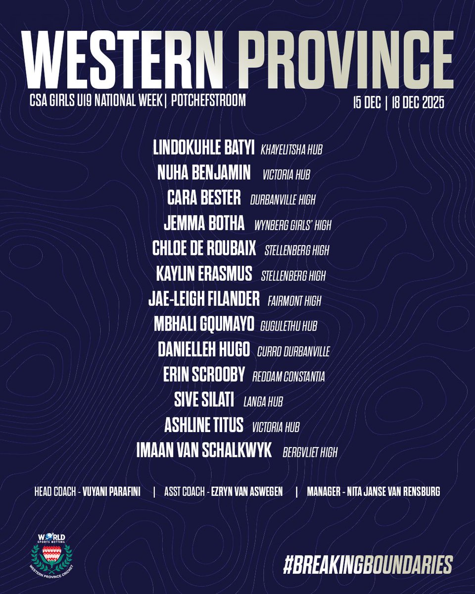 wp_cricket's tweet image. Western Province Cricket Association (WPCA) has today announced the youth squads that will represent the province at the upcoming Cricket South Africa (CSA) national youth weeks.

#WPcricket #westernprovince #WSBNewlands #WSBWP 🧡