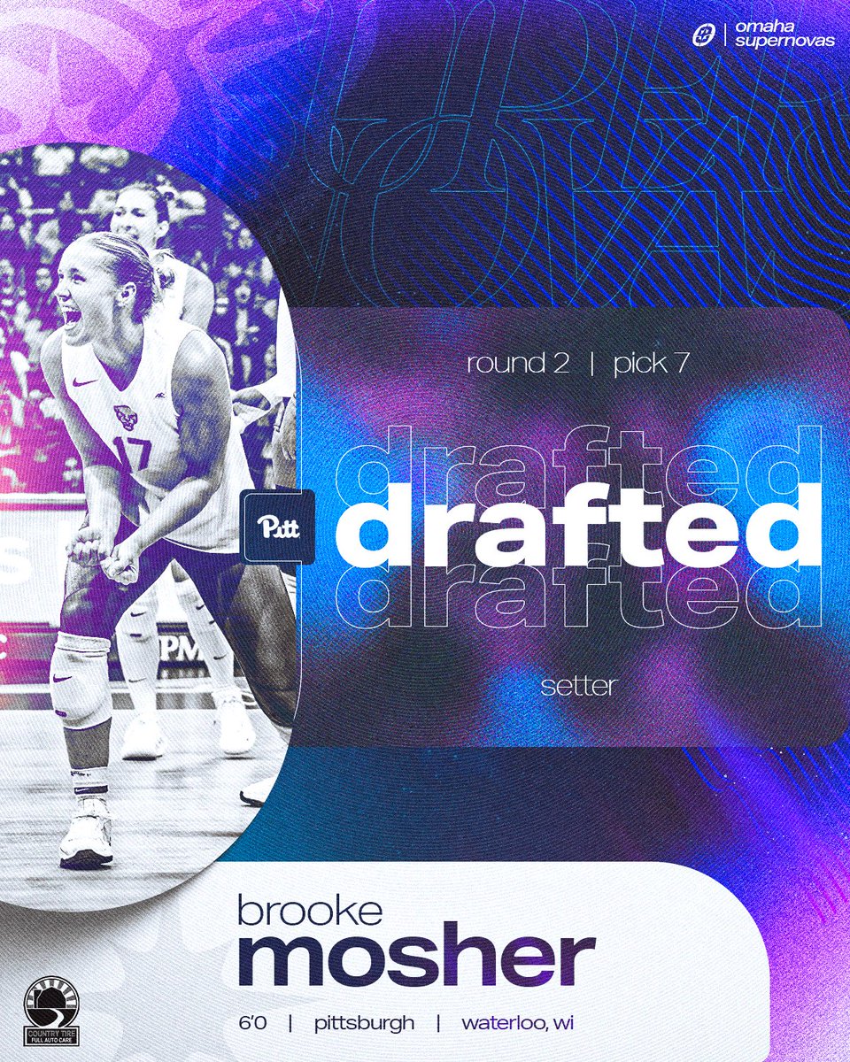 OmahaSupernovas's tweet image. With the 15th overall pick in the 2025 #MLVDraft, the Omaha Supernovas select Setter Brooke Mosher from the University of Pittsburgh!

#OmahaSupernovas | Country Tire Automotive