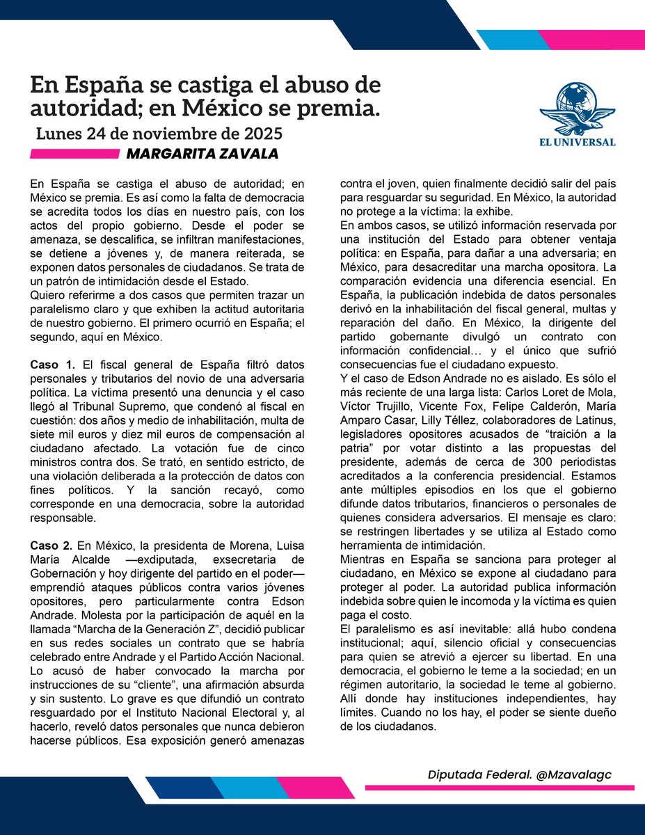 Mzavalagc's tweet image. En #España, el abuso de autoridad se sanciona; en #México, suele premiarse. Esa diferencia revela cada día el deterioro democrático en nuestro país, donde desde el poder se amenaza, se descalifica, se infiltran protestas, se detiene a jóvenes y se exhiben datos personales como…