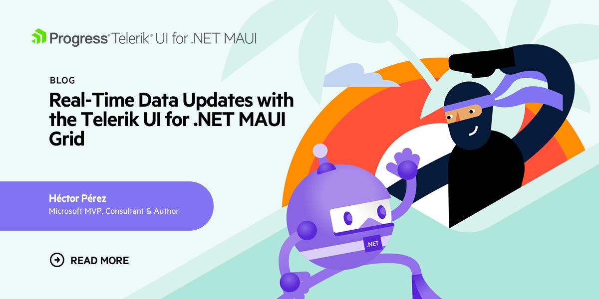 Telerik's tweet image. Did you know the Telerik UI for #DotNetMAUI Grid is ideal for lightning-fast real-time updates? ⚡ 

Dive into @hprez&apos;s blog &amp;amp; learn how to carry out real-time updates in your .NET MAUI-based apps thanks to the magic of SignalR: prgress.co/48aNXrI