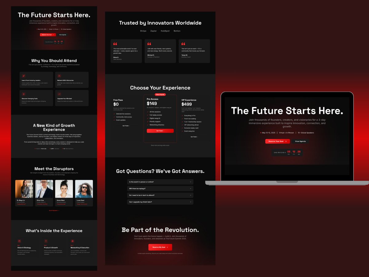 preciousfunnels's tweet image. Design a premium Event SaaS landing page. Use a black background with red highlights. Make it look modern, powerful, and elite. #figmadesign #SaaS #gohighlevel #landingpage #WebsiteDesign #figma