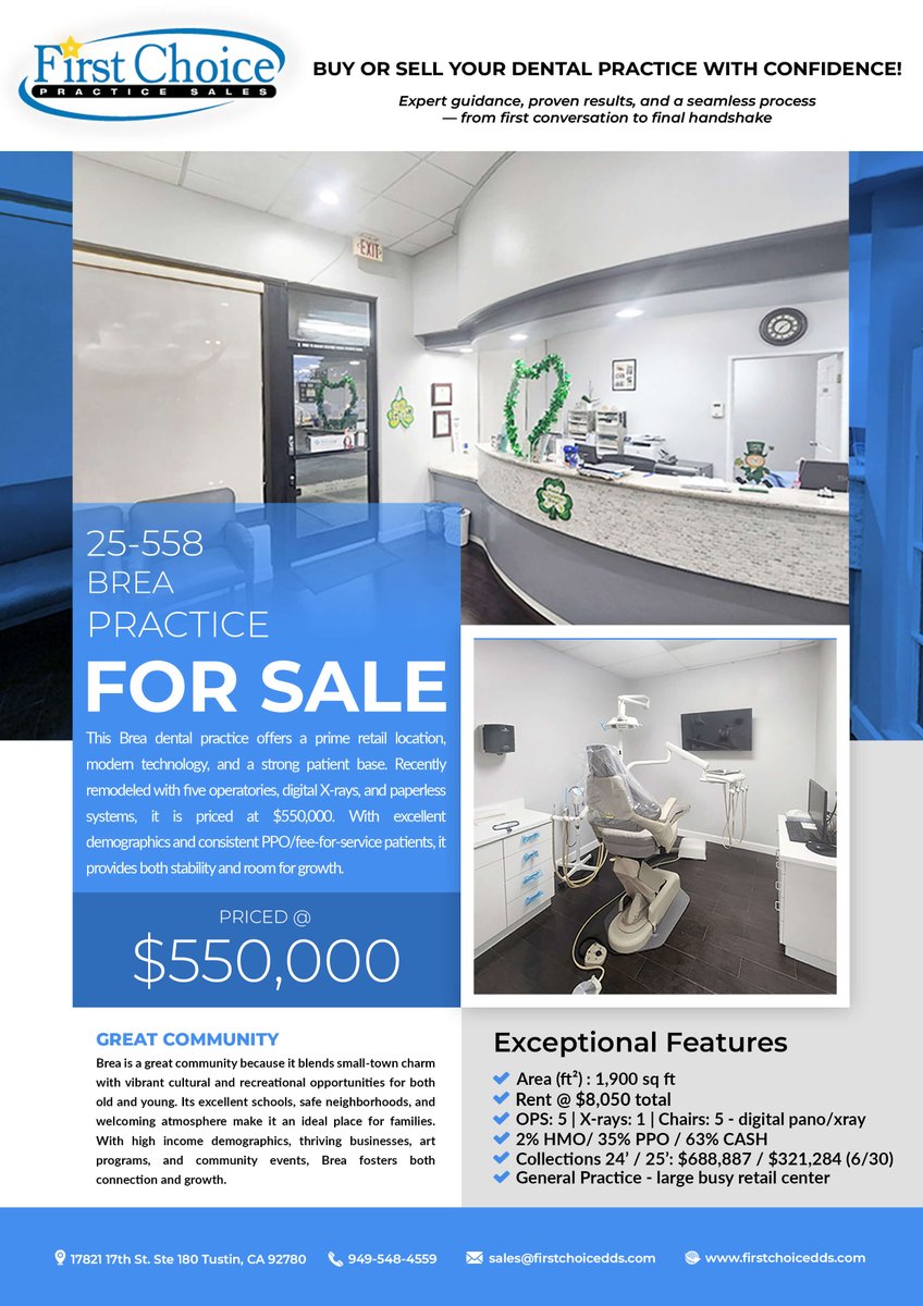 FirstChoicePS's tweet image. 🦷 Dental Practice for Sale – Brea, CA
Prime Orange County location, modern operatories &amp;amp; loyal patient base. Perfect for dentists ready to grow their career &amp;amp; business.

👉 Learn more: firstchoicedds.com/dental-office-…

First Choice Practice Sales, Inc.
949-548-4559 |…