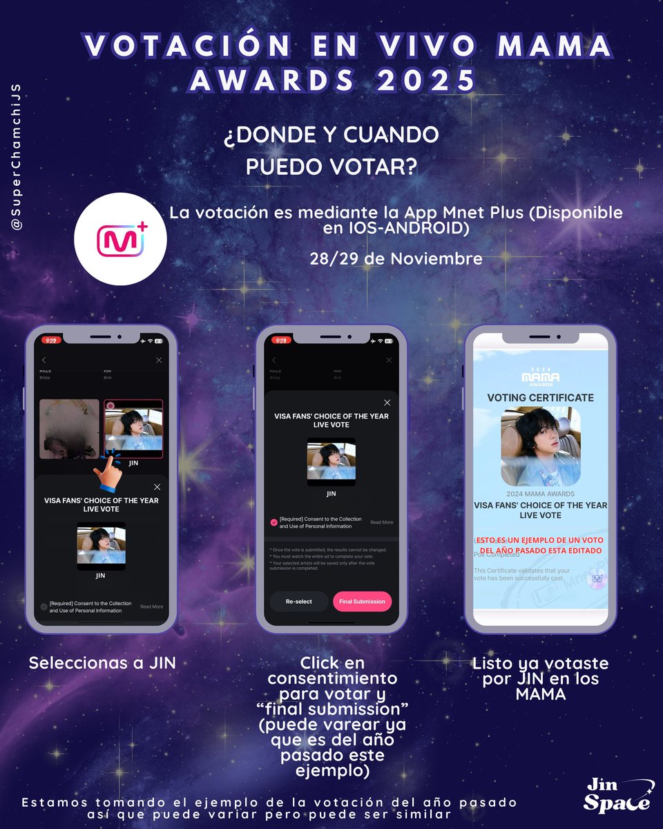 jinspacelatam's tweet image. VOTACIÓN EN VIVO MAMA AWARDS 2025 

🕒 ¿Cuándo se vota?

📅 28/29 de noviembre
🎥 Durante la ceremonia de los MAMA en tu App Mnet Plus 

✅ PASO POR PASO
1️⃣ 📱 Abre Mnet Plus
2️⃣ 👤 Asegúrate de tener sesión iniciada
3️⃣ 🎥 Quédate en la app mientras ves el evento
4️⃣ 🔔 Cuando Mnet…