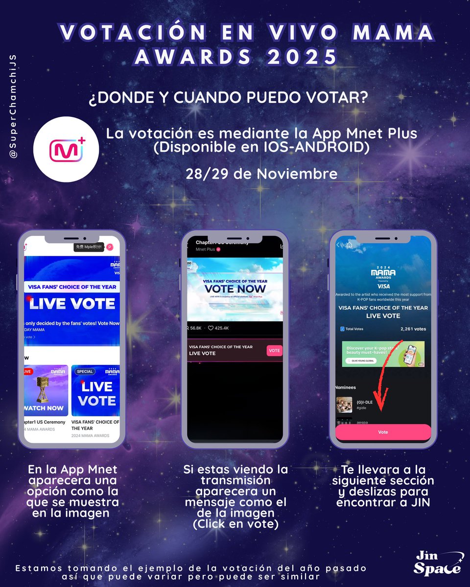 jinspacelatam's tweet image. VOTACIÓN EN VIVO MAMA AWARDS 2025 

🕒 ¿Cuándo se vota?

📅 28/29 de noviembre
🎥 Durante la ceremonia de los MAMA en tu App Mnet Plus 

✅ PASO POR PASO
1️⃣ 📱 Abre Mnet Plus
2️⃣ 👤 Asegúrate de tener sesión iniciada
3️⃣ 🎥 Quédate en la app mientras ves el evento
4️⃣ 🔔 Cuando Mnet…