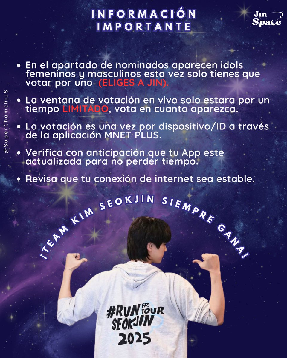 jinspacelatam's tweet image. VOTACIÓN EN VIVO MAMA AWARDS 2025 

🕒 ¿Cuándo se vota?

📅 28/29 de noviembre
🎥 Durante la ceremonia de los MAMA en tu App Mnet Plus 

✅ PASO POR PASO
1️⃣ 📱 Abre Mnet Plus
2️⃣ 👤 Asegúrate de tener sesión iniciada
3️⃣ 🎥 Quédate en la app mientras ves el evento
4️⃣ 🔔 Cuando Mnet…