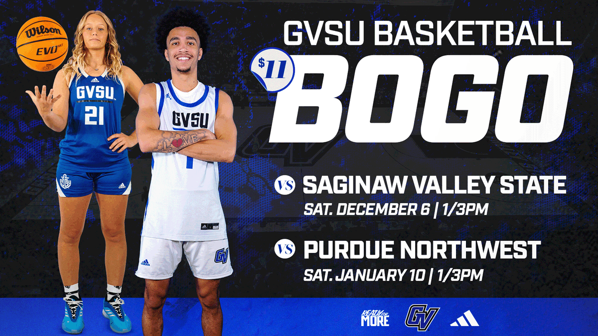 GVSUTickets's tweet photo. Start the basketball season off right with a BOGO deal!

For only $11, you can attend both games on 12/6 and 1/10 - deal available until December 5th
🔗: https://t.co/GQ9JJXcEdp https://t.co/VWSy5WR3BM